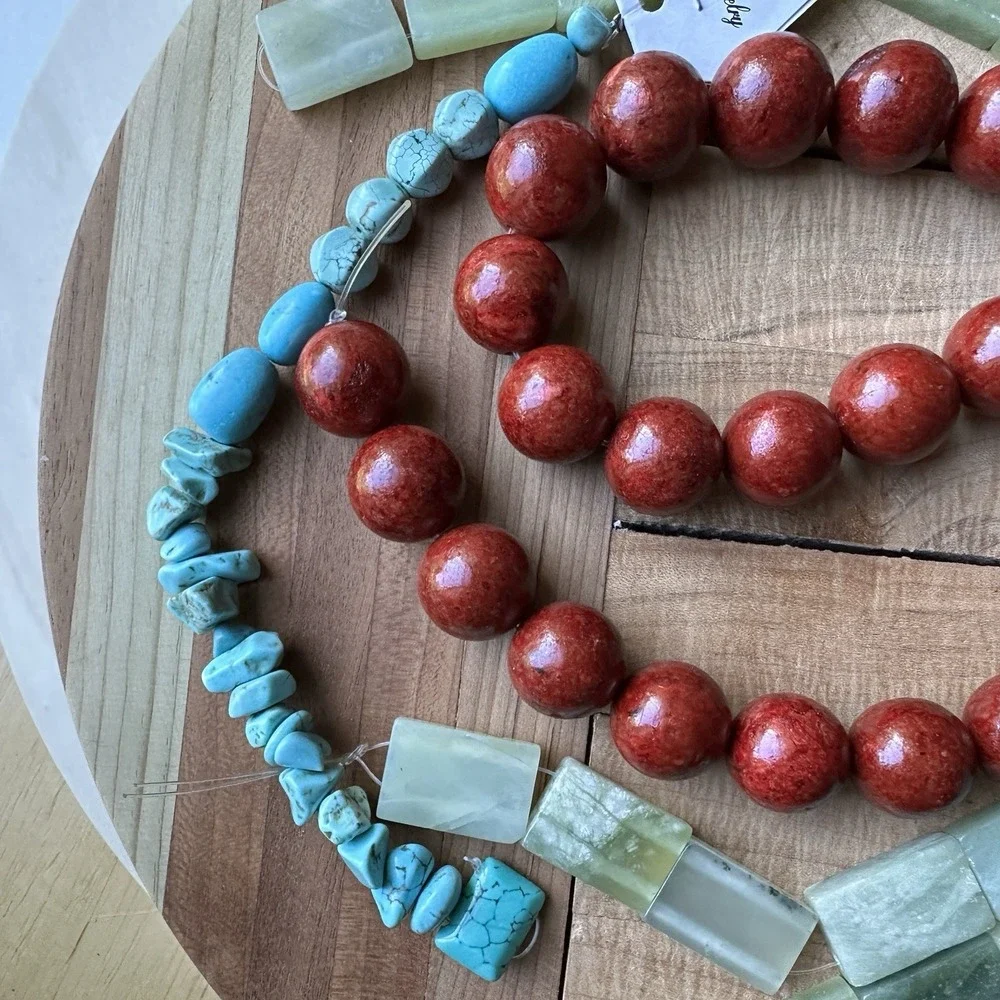 Lapidary Stone Beads 4 Strand Lot Nephrite Jade Fossil Red Coral Blue Turquoise - Picture 3 of 12